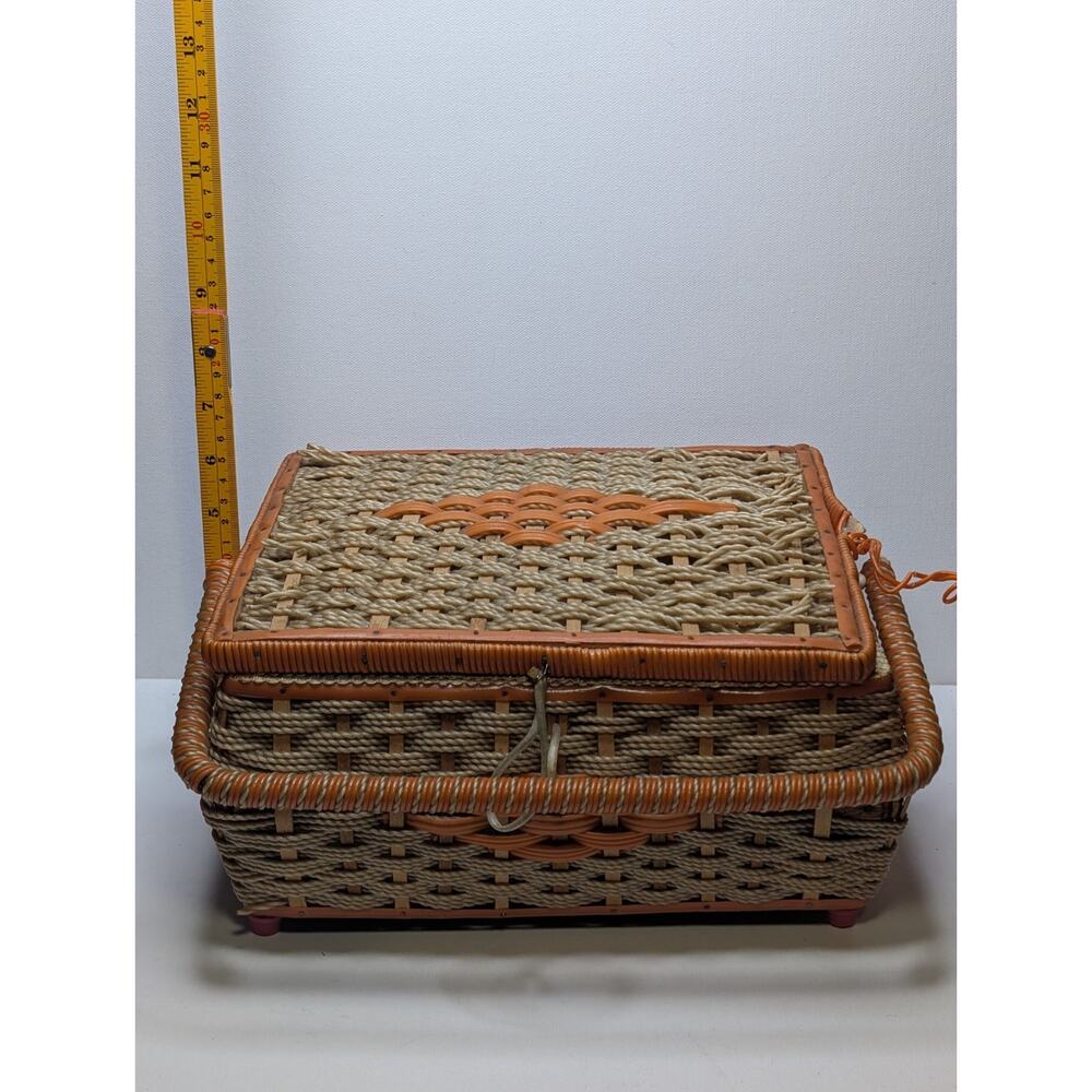 Vintage Woven Sewing Basket Box Taiwan Woolworth Craft Storage w Supplies